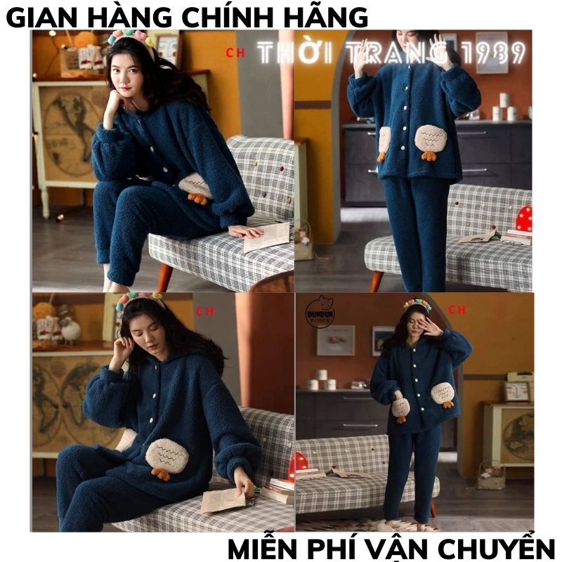 Bộ ngủ lông cừu nữ 🍀bộ lông khuy cài túi cà rốt hàng QC dày mềm mịn tay giữ nhiệt tốt ,bộ ngủ form rông hàn quốc TT1989 | BigBuy360 - bigbuy360.vn