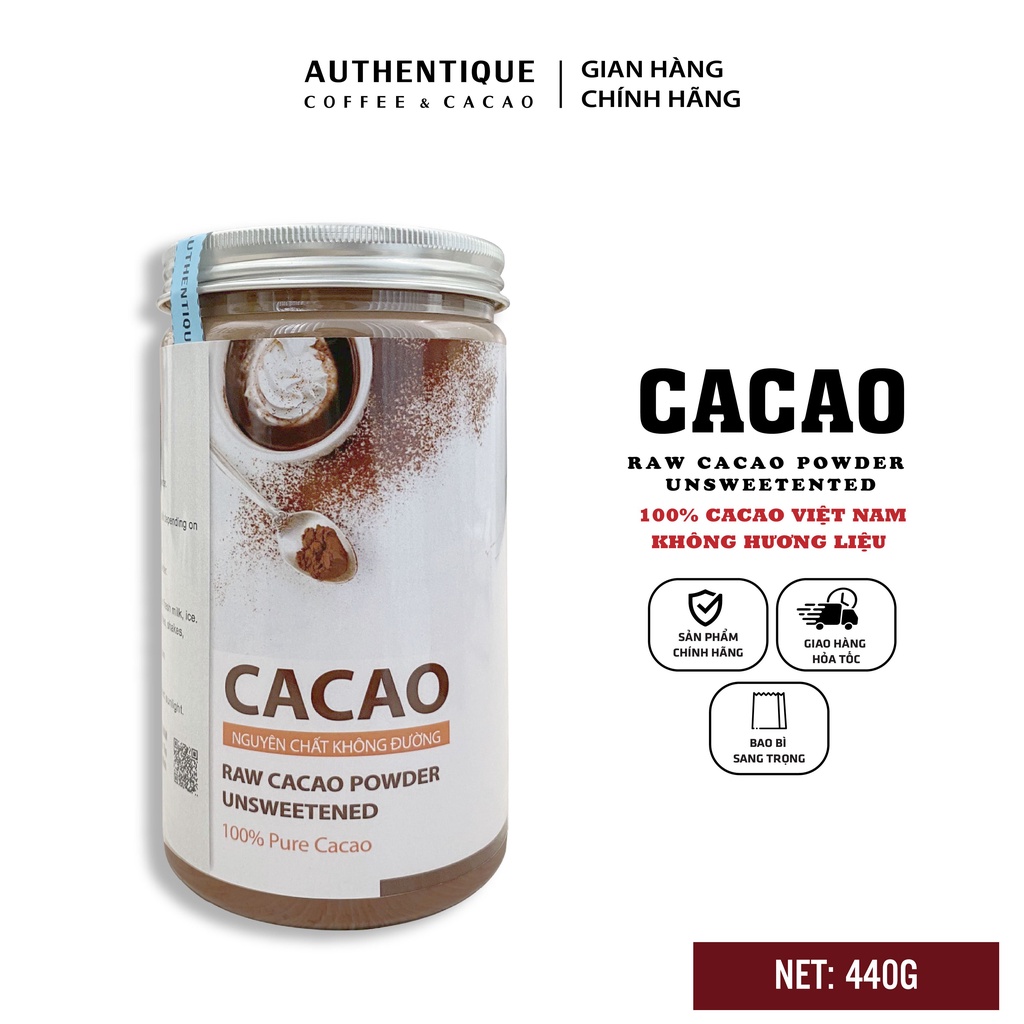 Bột Cacao Nguyên chất Không đường - Hũ 440gr - Hỗ trợ đẹp da, giữ dáng | Authentique Cacao