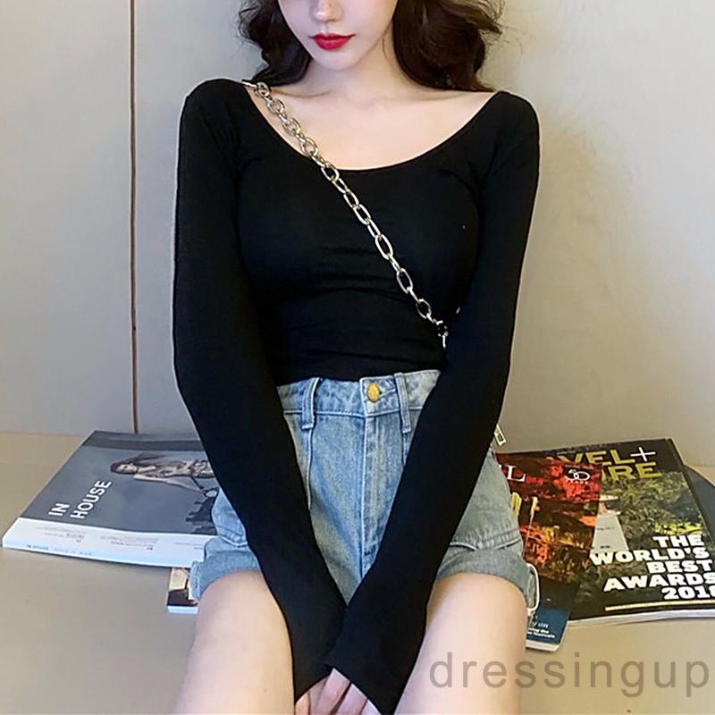 Áo Thun Tay Dài Cổ Xẻ Tà Màu Trơn / Trắng / Kaki Cho Nữ (Màu Đen)