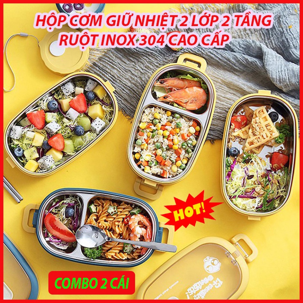 🔥 𝘾𝙤𝙢𝙗𝙤 𝟮 𝘽𝙤̣̂🔥 Hộp Cơm Giữ Nhiệt Lúa Mạch 2 Tầng Ruột Inox 304 - Hộp Đựng Cơm Văn Phòng Cao Cấp