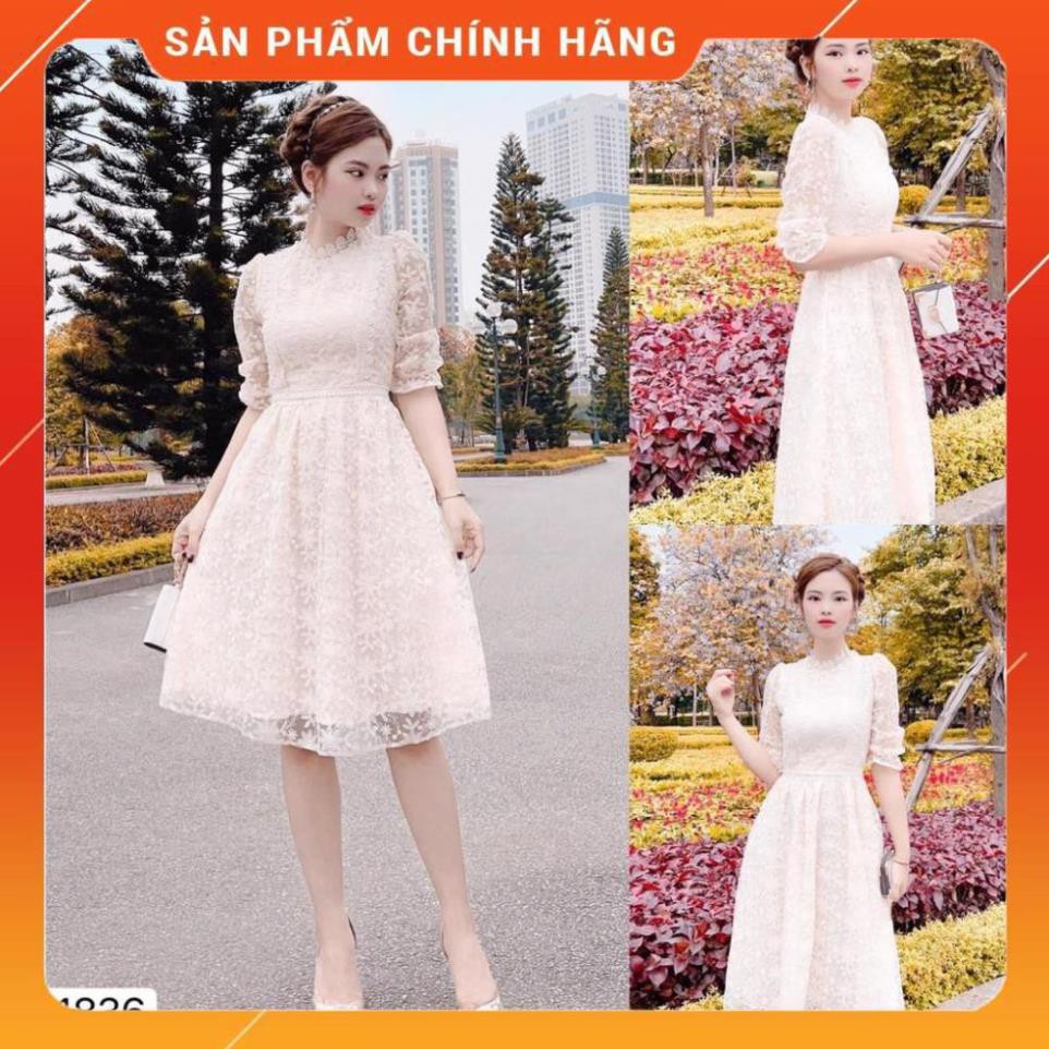 Váy xòe ren hoa nổi, Váy chữ A nữ tính ❤️ Freeship ❤️ Thiết kế tinh tế, ren hoa nổi 2 lớp, tay lỡ bồng