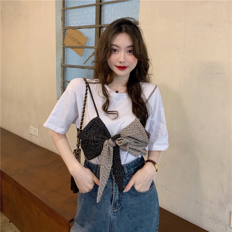 SUXI Áo Thun Ngắn Tay Cổ Tròn Phối Nơ Màu Tương Phản Thời Trang Dành Cho Nữ