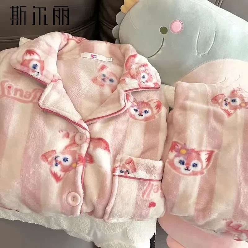 Bộ Đồ Ngủ Bằng Lông Cừu Dày In Hoạt Hình Lingna Belle Dễ Thương