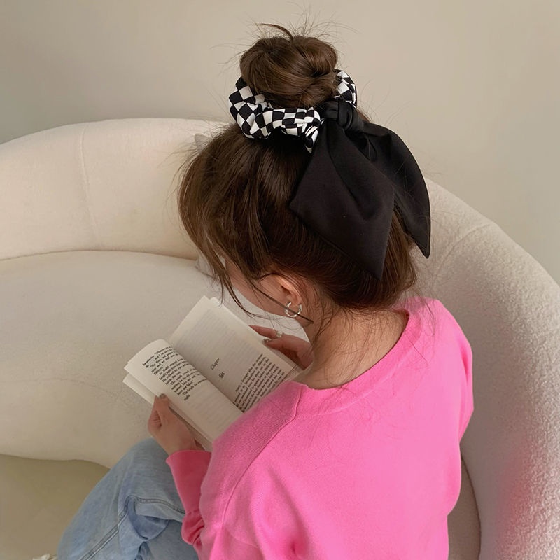 Dây Buộc Tóc Họa Tiết Sọc Caro Trắng Đen Đơn Giản Thời Trang Hàn Quốc