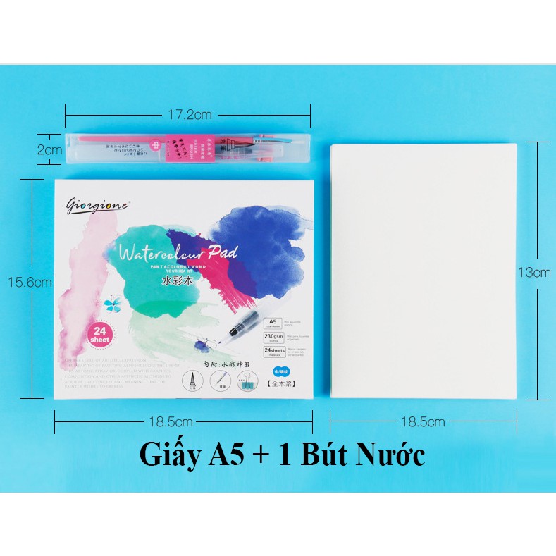 Giấy Vẽ Màu Nước Giorgione 230Gsm, 24 Tờ, Tặng 1 Bút Nước, Cọ, Ghim Giấy