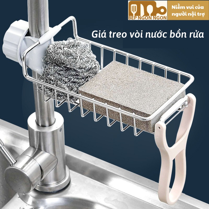 Giá inox đựng xốp cọ, chai nước rửa chén treo vòi nước bồn rửa chén tiện lợi dễ dàng_BEP NGON NGON