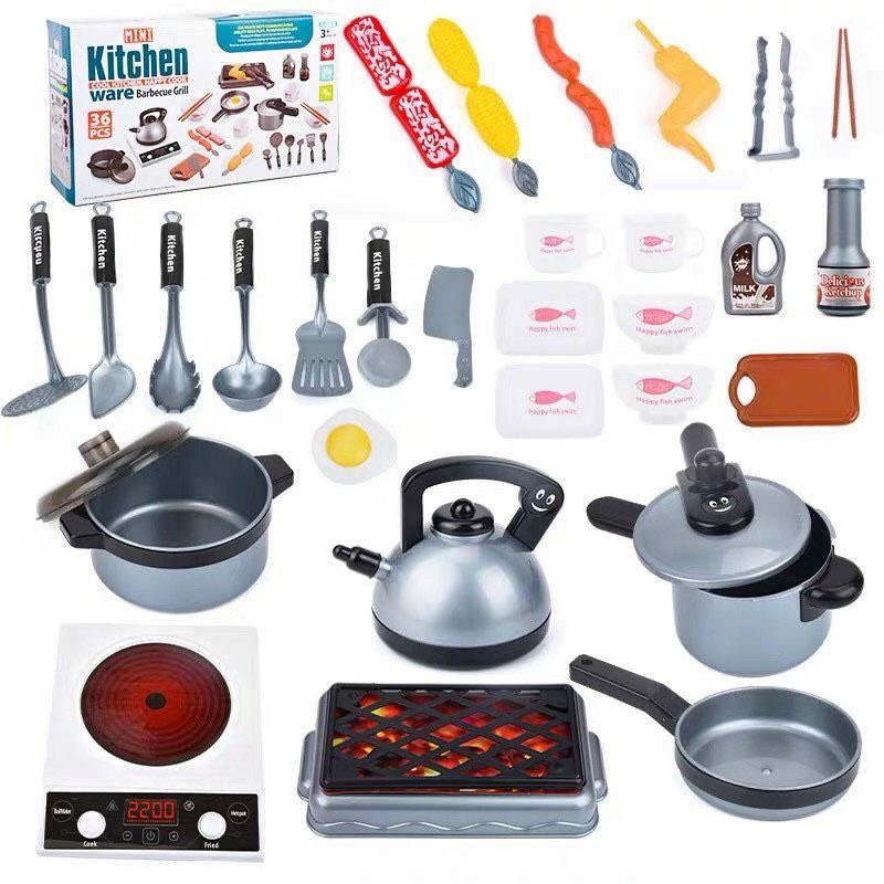 Bộ đồ chơi nhà bếp 36 món Play House cho bé, bộ đồ chơi nấu ăn 36 món cho bé 2 màu xanh hồng