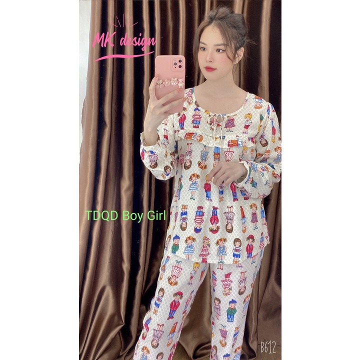 Đồ bộ tole  mặc nhà set tay dài quần dài cổ tròn phối viền