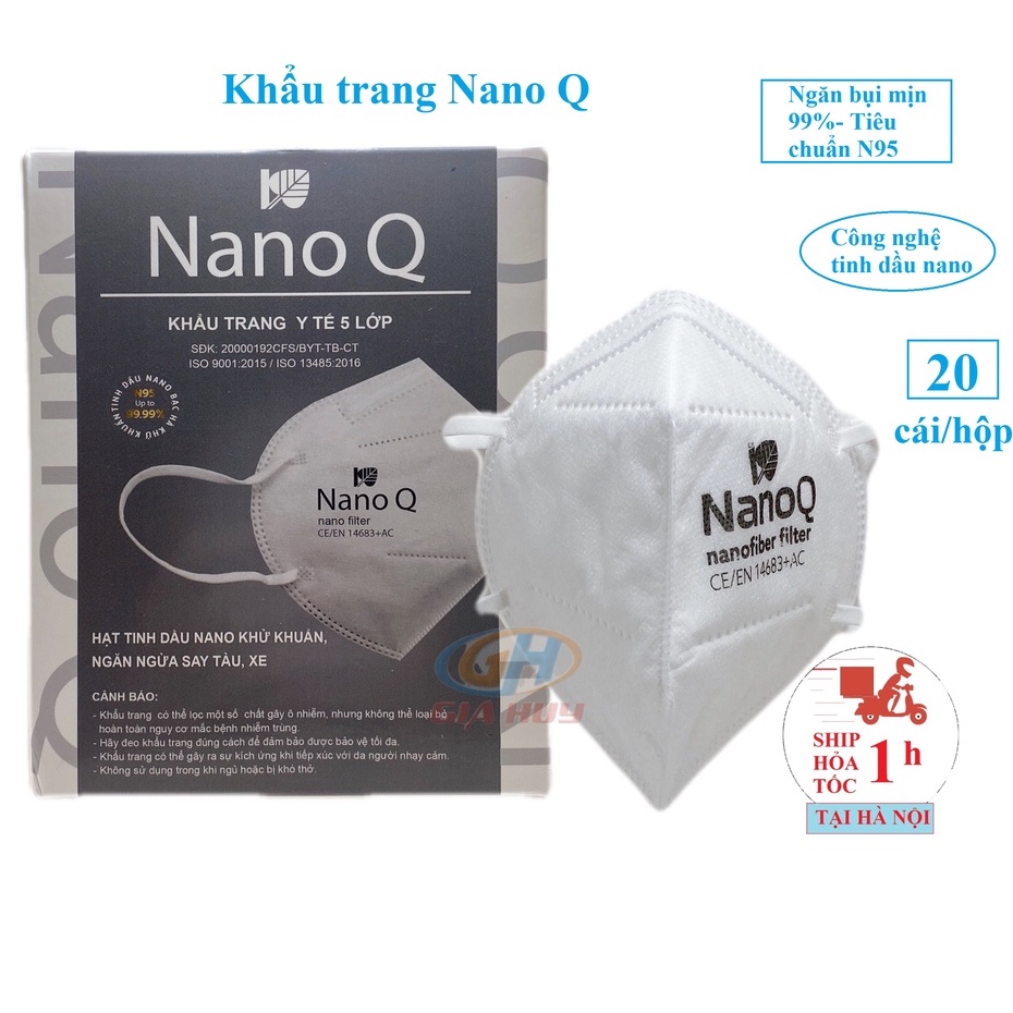 Hộp 20 chiếc Khẩu trang N95 Y tế NanoQ 5 lớp có màng lọc Nano an toàn, ngăn bụi mịn, ôm khít mặt loại không van thở