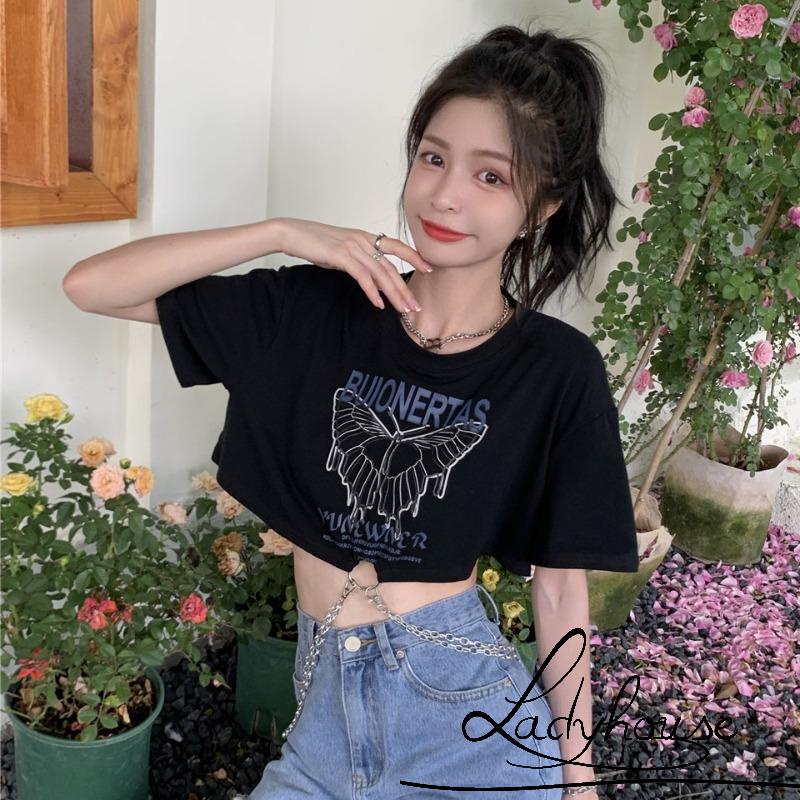 LD-Women Cropped Tops, Short Sleeve Round Collar Butterfly Letters Print Metal Chain Street Party Shirt hot girl sexy