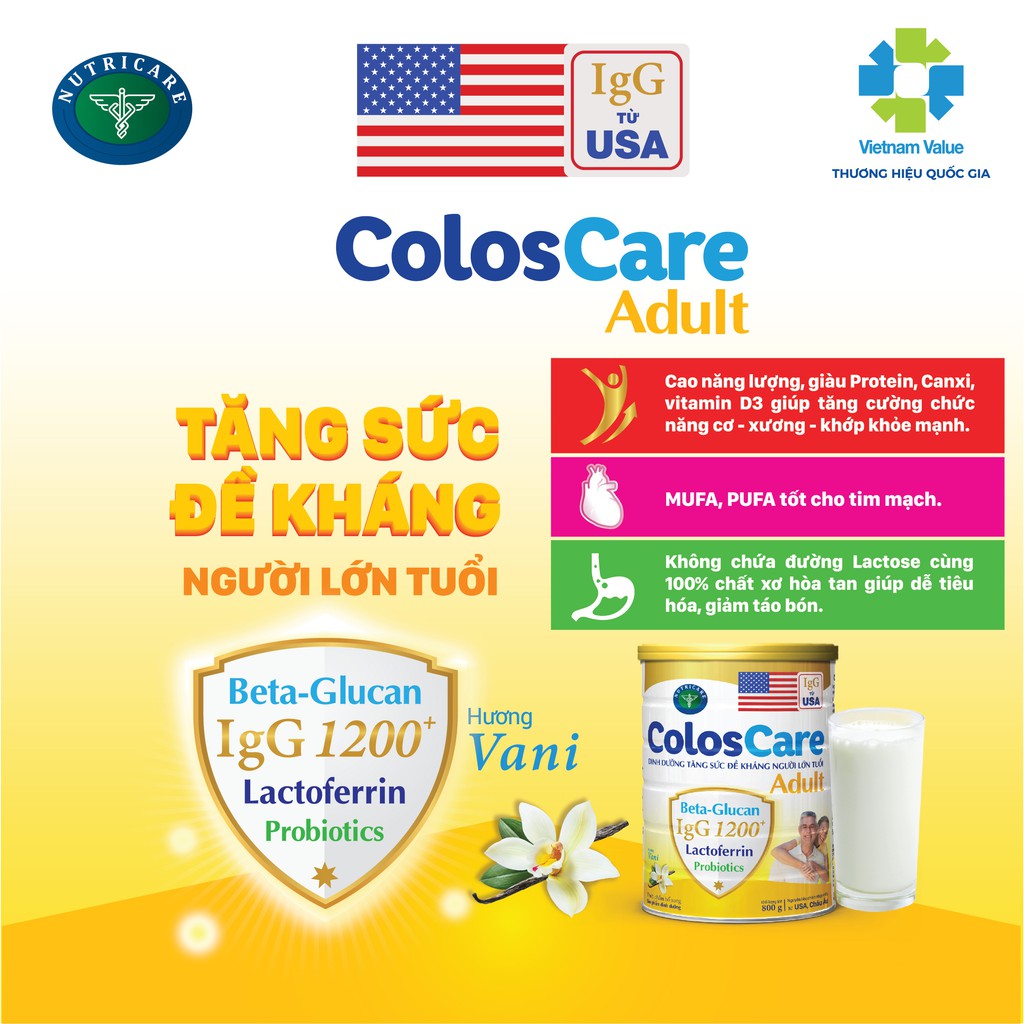 Sữa bột Nutricare ColosCare Adult với nguồn sữa non IgG giúp tăng cường sức đề kháng cho người lớn tuổi (800g)