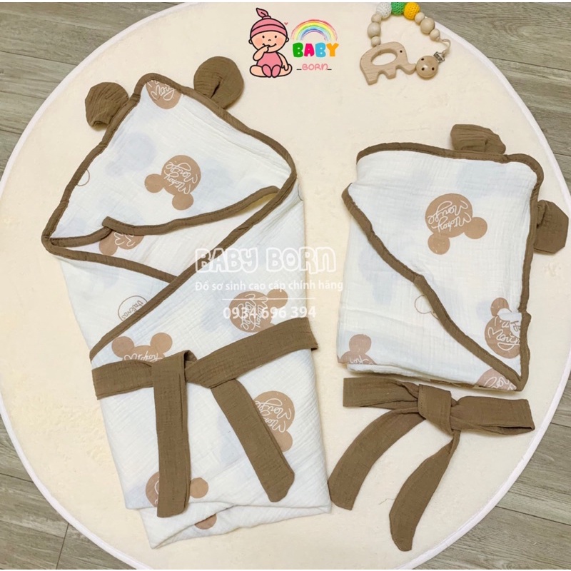 Emom - Chăn ủ Muslin sợi tre đa năng 4 lớp có mũ mềm mại