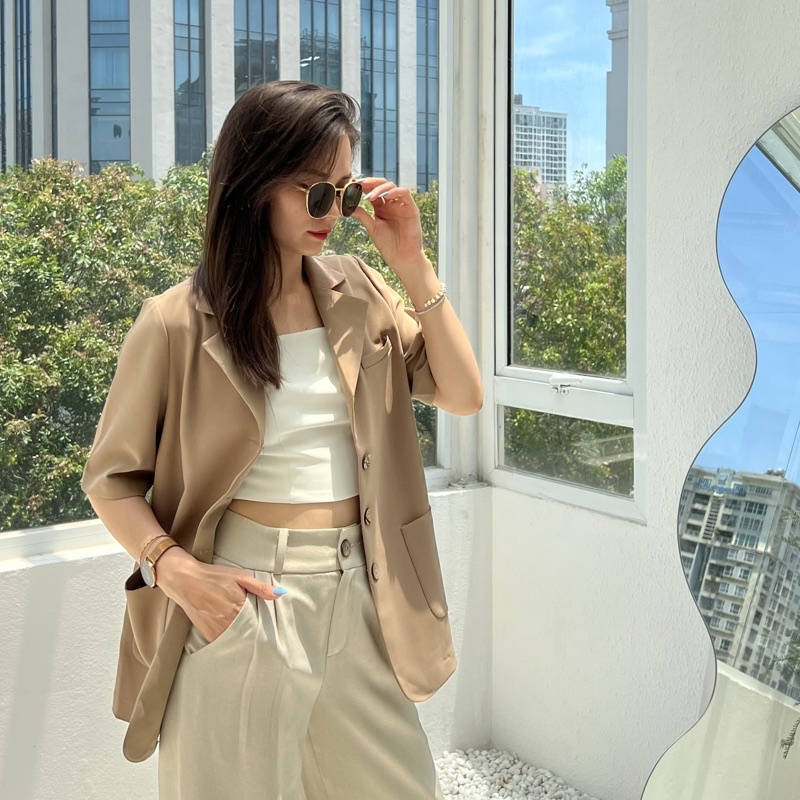 Áo blazer nữ 1 lớp dáng dài tay ngắn 4 khuy dọc hàng thiết kế Huien Design thời trang công sở trẻ trung, màu sắc