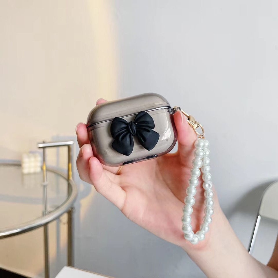 Vỏ bảo vệ hộp sạc tai nghe Airpods 1/ 2/ pro mềm đính nơ ngọc trai thời trang