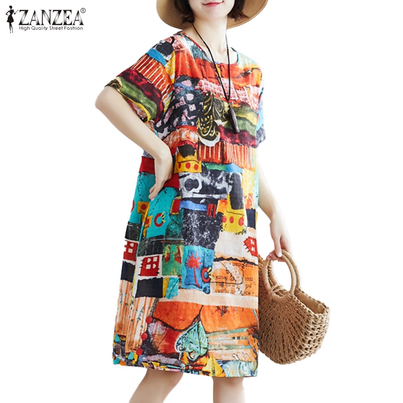Đầm midi ZANZEA tay ngắn cổ tròn in họa tiết phong cách cổ điển thời trang dành cho nữ
