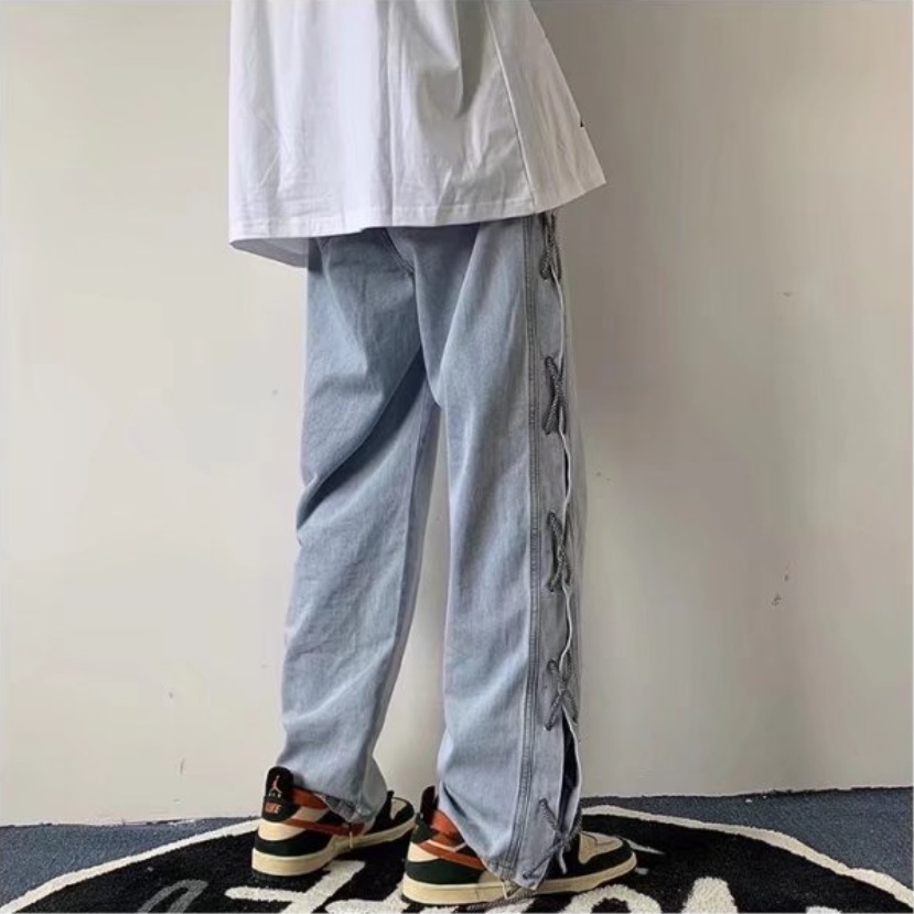 quần baggy jean thời trang cạp cao phong cách quần jean nam kiểu dáng quần jean nam kiểu dáng hàn quốc rộng suông xuông Quần ống suông