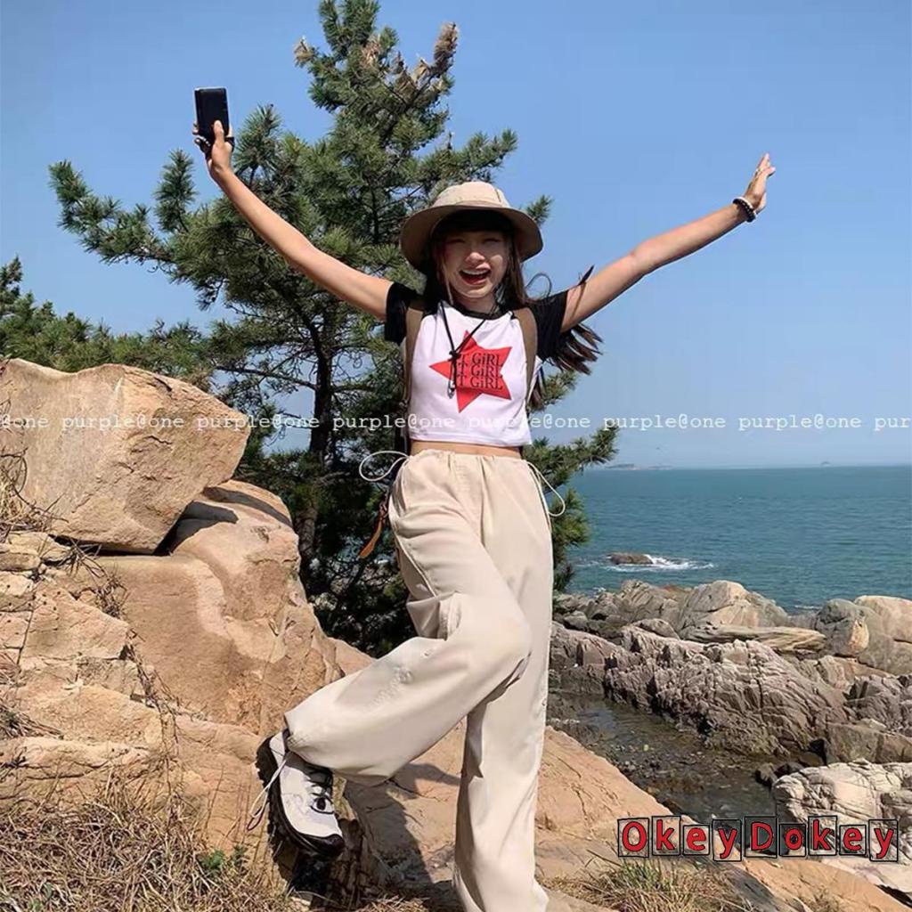 Áo Thun Crop Top Tay Ngắn Cổ Tròn In Chữ Và Ngôi Sao Màu Tương Phản Thời Trang Cho Bạn Gái