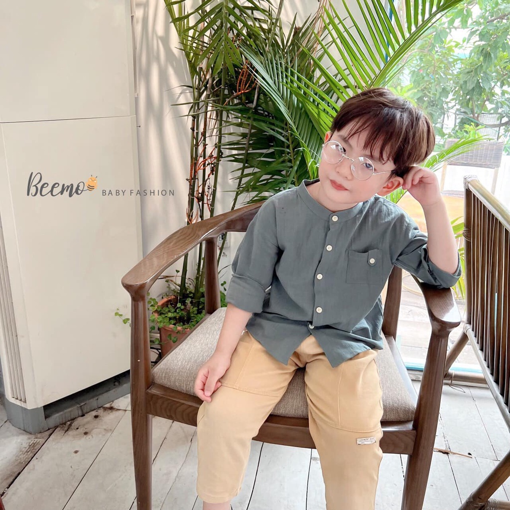 Áo sơ mi cổ tàu dài tay phối túi ngực Beemo cho bé trai