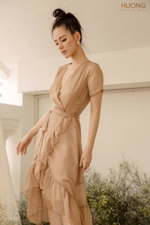 Đầm lụa cổ V vạt chéo thắt nơ eo -HBV857