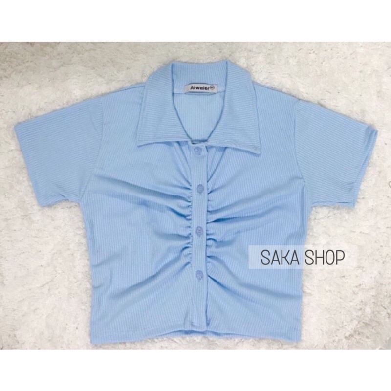 Áo croptop nữ thun cổ sơ mi nhún chỉ nút gài nhiều màu