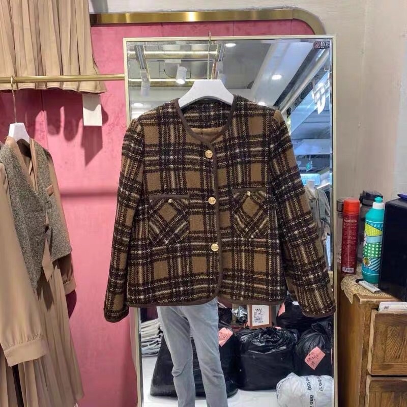 [Ảnh+ video tự chụp](nhập tutu78 giảm ngay 30k) Áo khoác dạ nữ dài tay TWEED kẻ nâu cúc ngọc