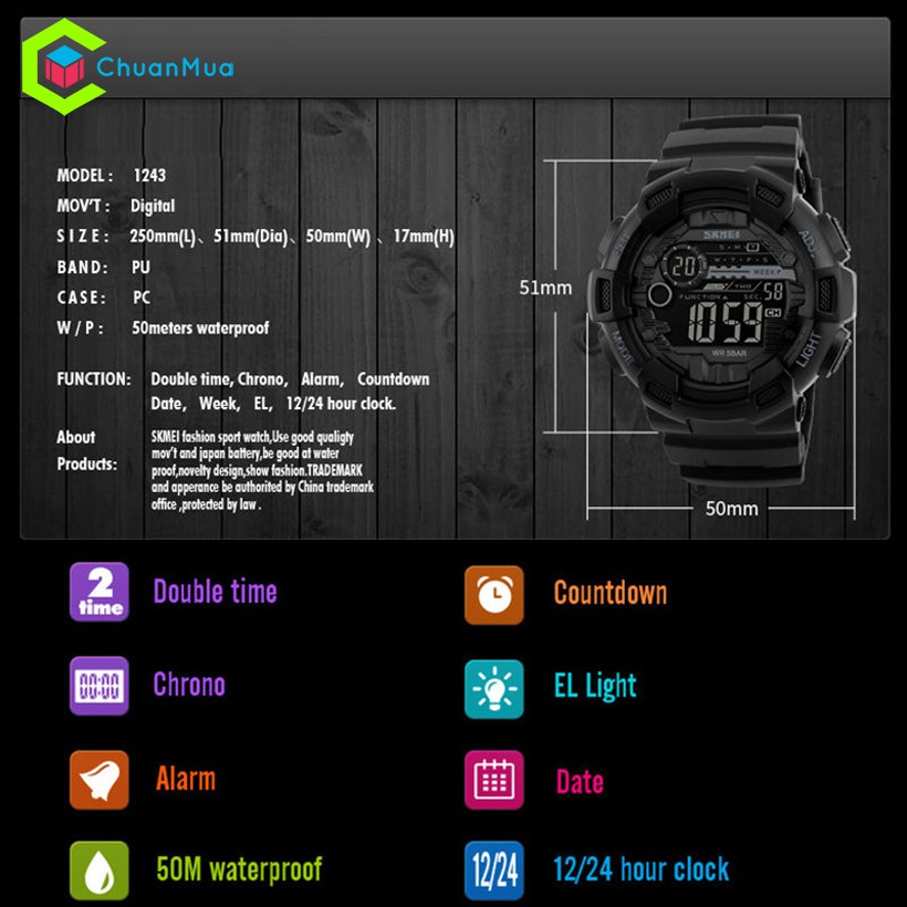 Đồng Hồ Nam SKMEI 1243 Sport Key Time Điện Tử Chống Nước 5ATM Mặt 50mm - DHA509 SK1243 | BigBuy360 - bigbuy360.vn