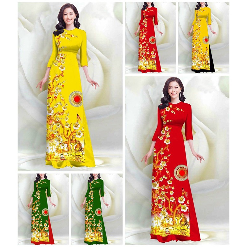 SET BỘ ÁO DÀI GẤM TRUYỀN THỐNG IN HOA ĐÀO SIÊU XINH - MH629310