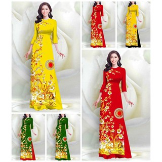 SET BỘ ÁO DÀI GẤM TRUYỀN THỐNG IN HOA ĐÀO SIÊU XINH - MH629310