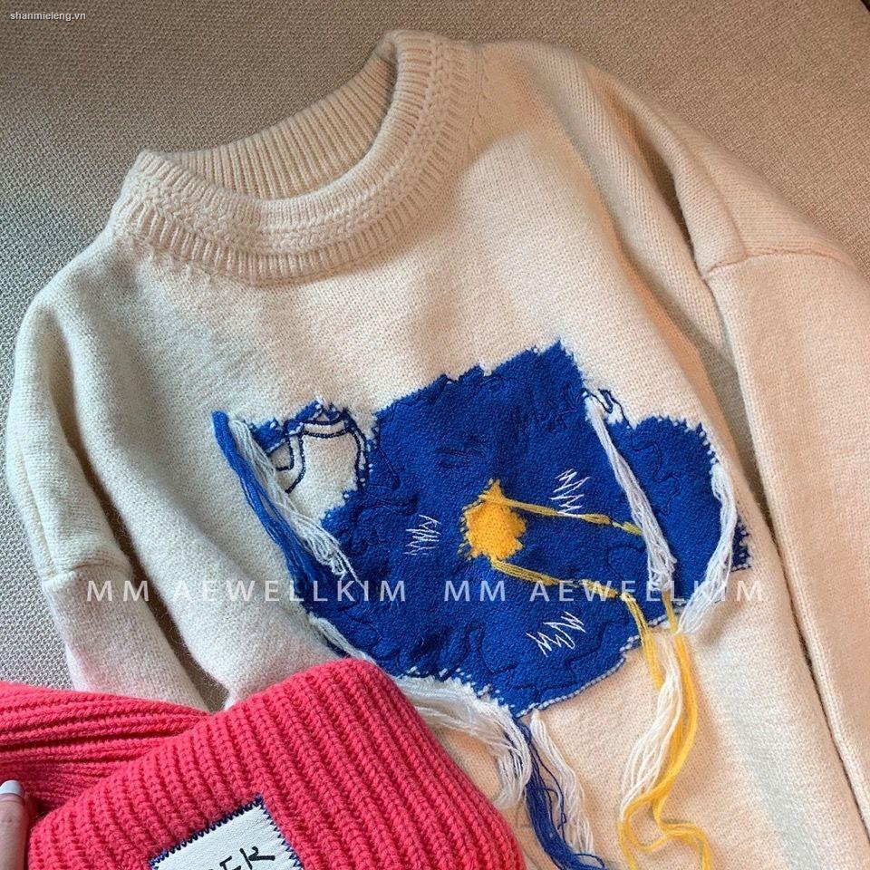 Áo sweater dáng rộng in họa tiết hoa graffiti màu xanh dương thời trang thu đông Hàn Quốc cho nữ