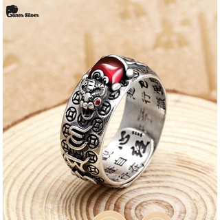 Nhẫn Bạc Thái Nam Tỳ Hưu Đỏ Khắc Lục Tự-Ganes Silver