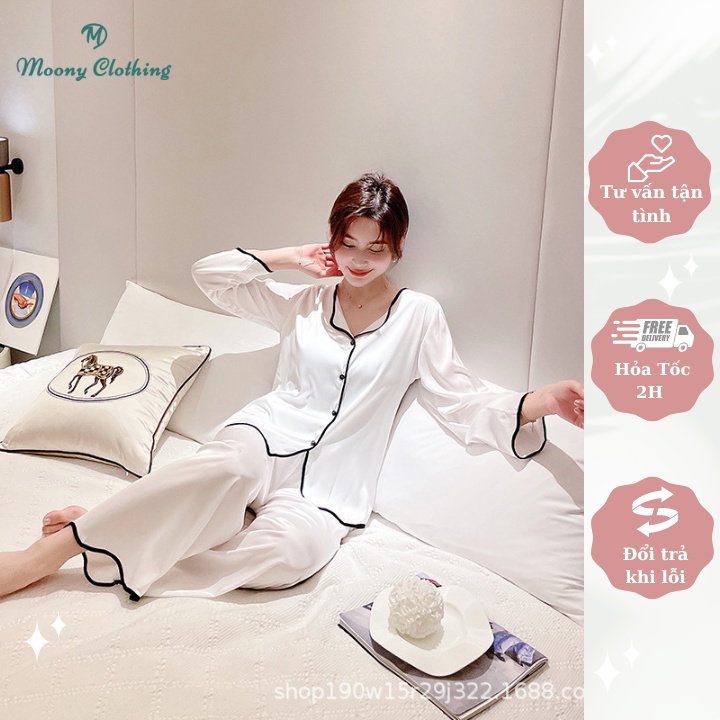 Bộ Pyjama lụa viền cao cấp, Đủ size 38-68kg Màu Trắng lỗi nhỏ - Kèm ảnh thật