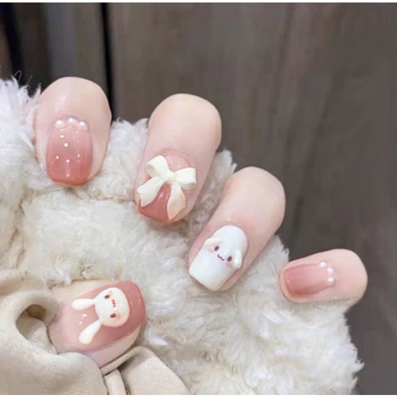 Set 24 Móng Tay Giả Kèm Keo Đính Charm Đủ Kích Thước Hoạ Tiết Dễ Thương Press On Nails