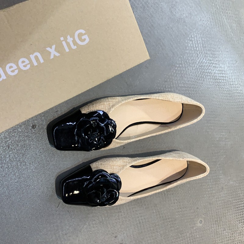 Giày búp bê hoa trà mũi vuông nữ tính, cổ điển