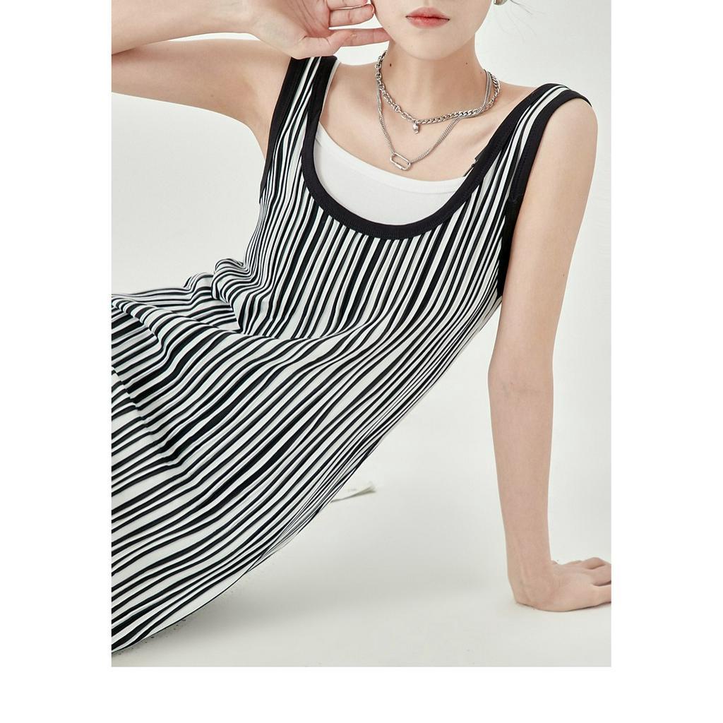 Đầm Dài Hai Dây Dệt Kim Kẻ Sọc Phong Cách Mới Mùa Hè 2023 Cho Nữ