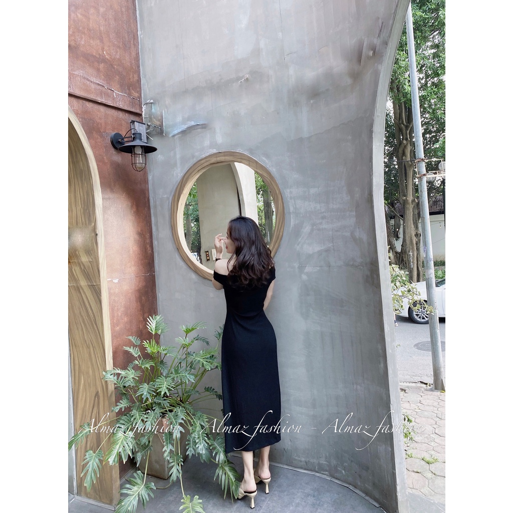 Váy đen trễ vai soắn ngực, váy đi tiệc đám cưới sang trọng chất thun gân siêu mềm siêu mát - Almaz Fashion