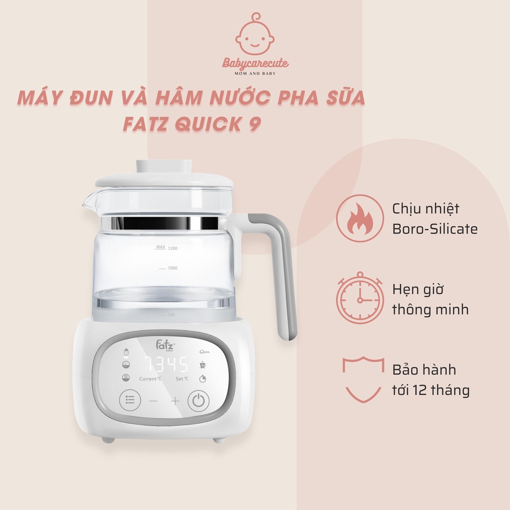 Máy đun và hâm nước pha sữa FatzBaby Quick 9 giữ nhiệt liên tục 24h khử khuẩn cảm ứng dung tích 1,2 lít