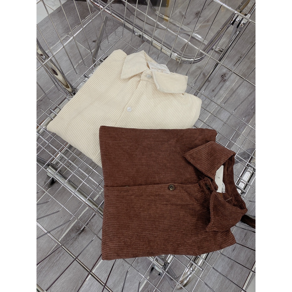 Sơ Mi Dài Tay Trơn Chất Nhung Tăm Dáng Rộng Túi Ngực Nam Nữ Unisex Tay Bồng- Sơ Mi Đi Học
