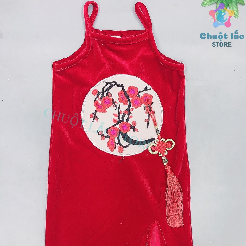 Đầm váy nhung bé gái kiểu áo dài thượng hải, form body xẻ tà cho bé từ 12kg đến 28kg màu đỏ