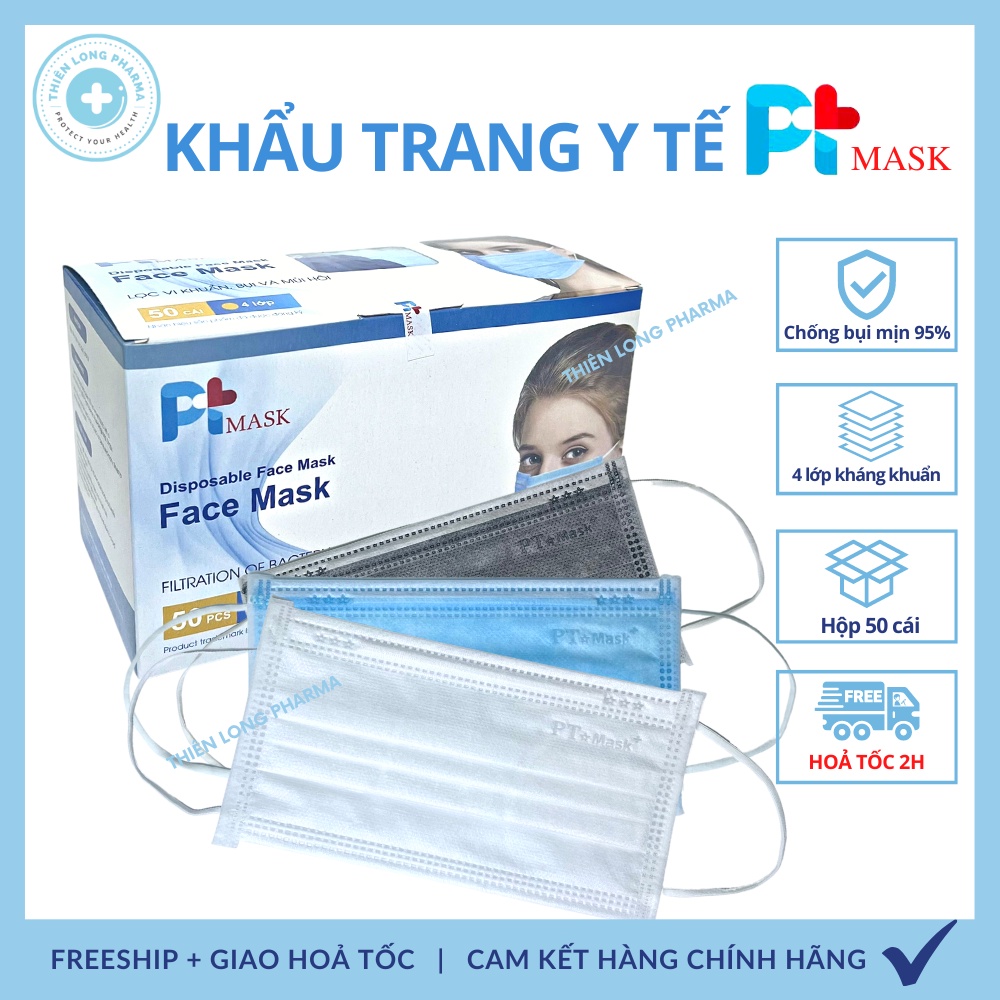 Khẩu trang y tế PT  Hộp 50 Cái 4 lớp kháng khuẩn chống bụi mịn hàng chính