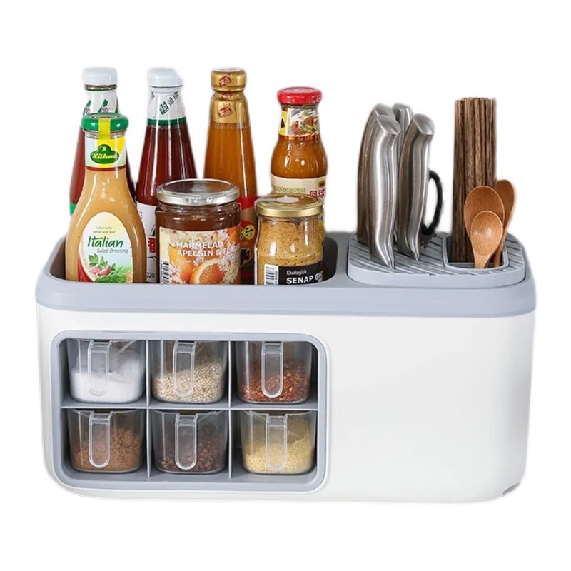 Hộp Đựng- Kệ gia vị nhà bếp kèm giá dao, đũa, thìa, chất liệu nhựa cao cấp có 6 ngăn đựng gia vị, cài dao, kéo, đũa thìa