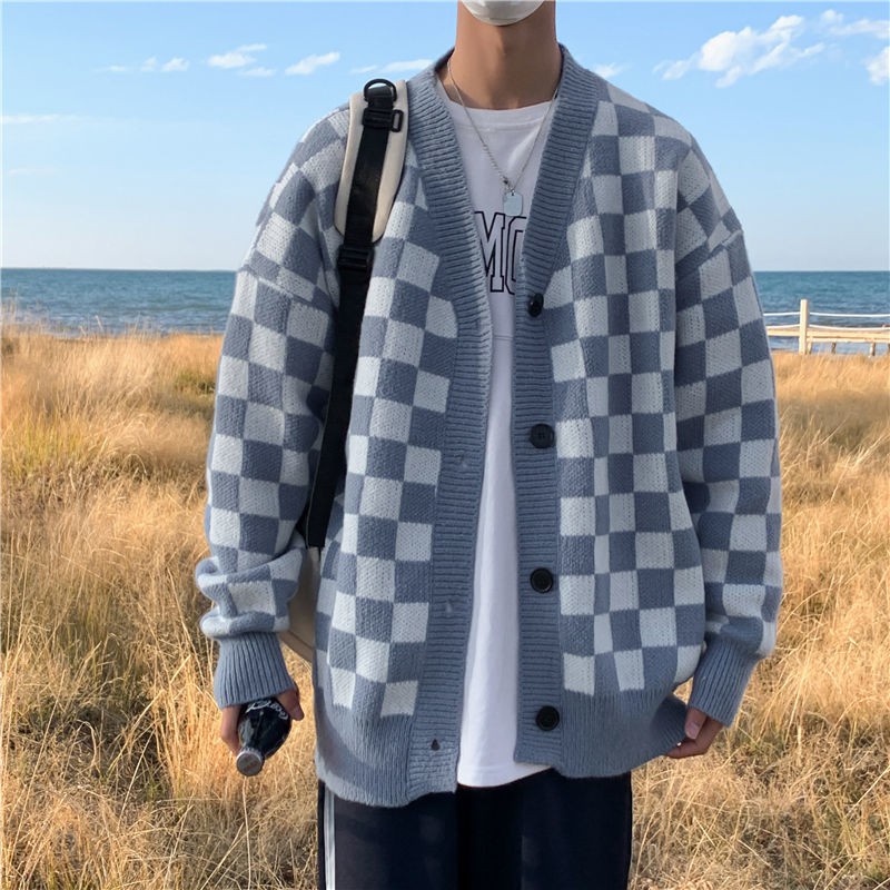 Áo khoác cardigan họa tiết kẻ ô thời trang thu đông cho cặp đôi