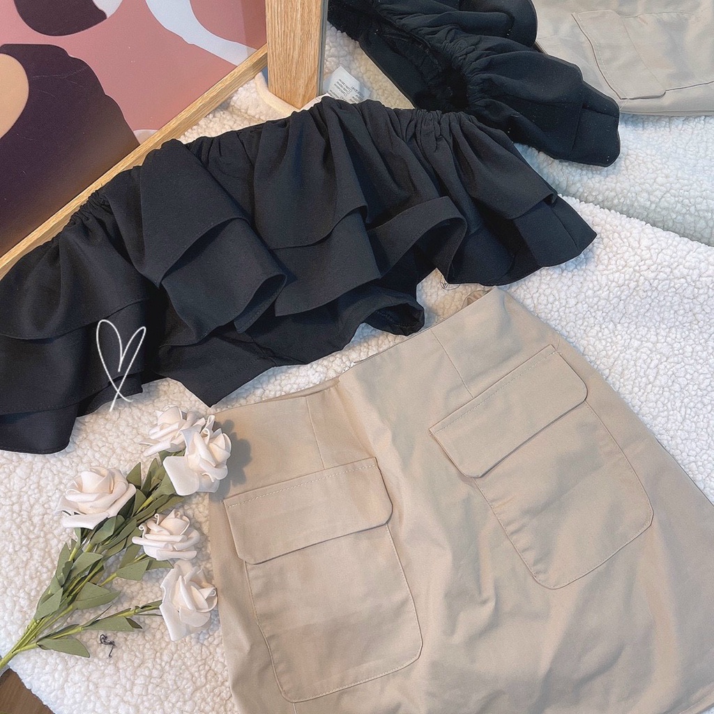SET ÁO BẸT VAI ĐEN BÈO + CHÂN VÁY TÚI NẮP KEM