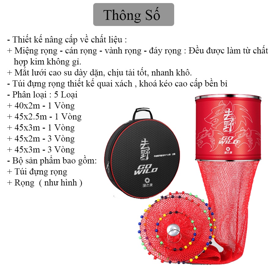 Giỏ Đựng Cá, Rọng Đựng Cá GO WILD lưới tráng cao su cao cấp siêu chịu tải chuyên dùng câu đài câu đơn màu đỏ KK-37