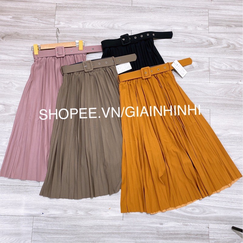Chân váy xếp ly đai, Chân váy dáng dài xếp ly kèm đai đục lỗ không có ánh nhũ CV1915 - NhiNhi Shop