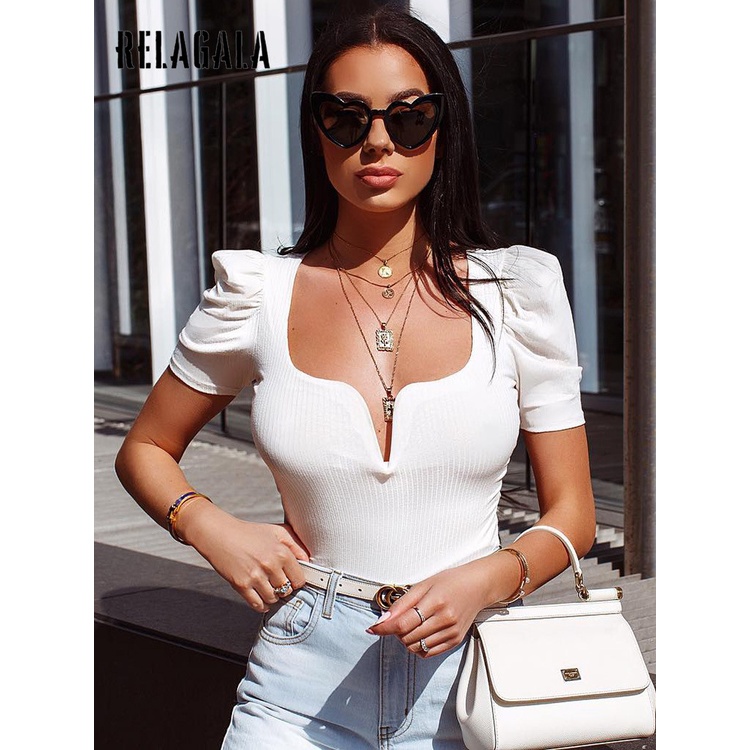 Bodysuit Tay Phồng Xếp Ly Màu Trơn Thời Trang Quyến Rũ Cho Nữ | BigBuy360 - bigbuy360.vn