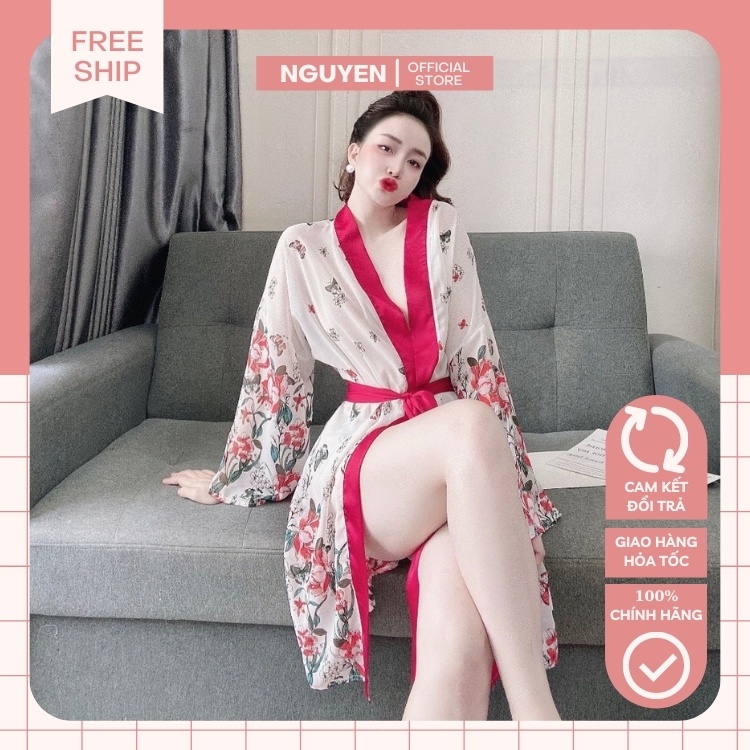 Áo Choàng Ngủ Kimono Voan Hoa NGUYEN, Áo Ngủ Xuyên Thấu Kèm Quần Chất Liệu Cao cấp Phong Cách Nhật Bản Mới Gợi Cảm Cho N