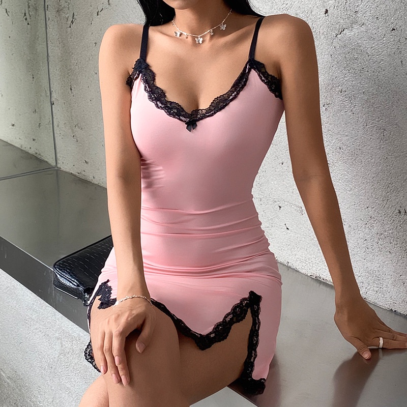 Đầm Hai Dây Hở Lưng Xẻ Tà Phối Ren Thời Trang Cho Nữ