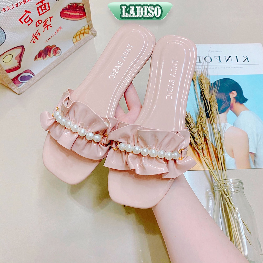 Dép nữ quai ngang kiểu bèo nhún đính chuỗi ngọc LADISO siêu dễ thương hàng hot trend TT273