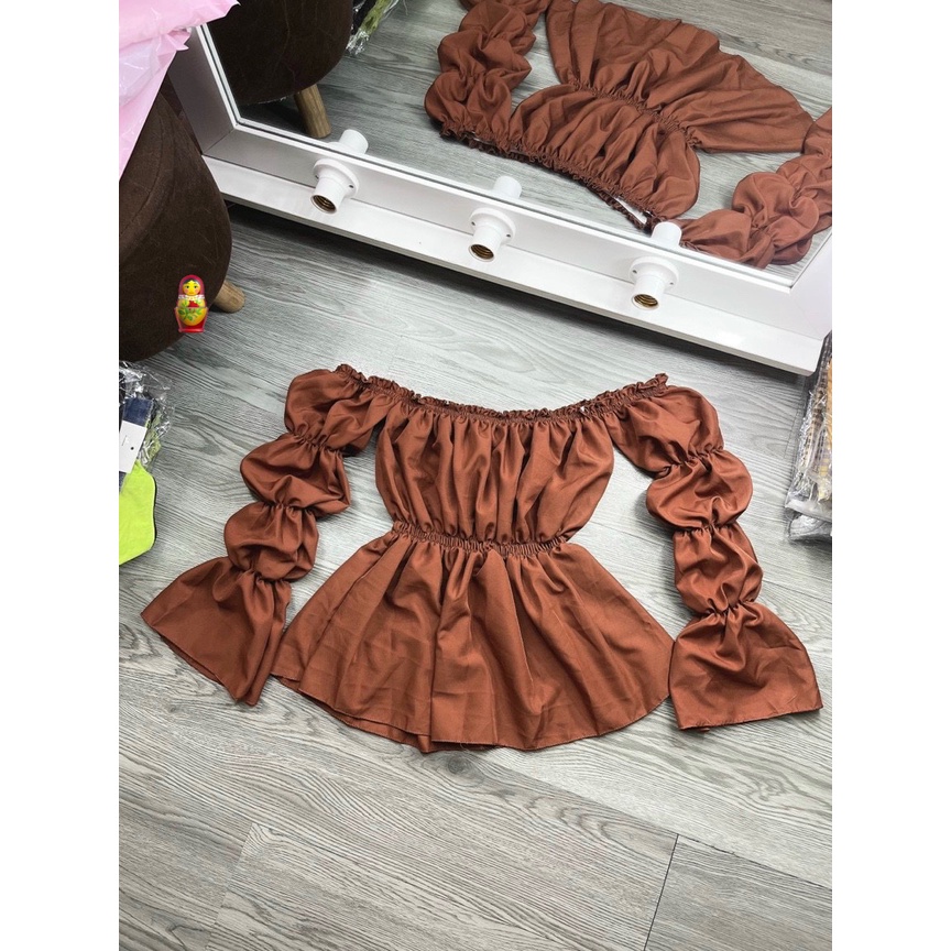 Áo kiểu trễ vai bo thun ngực eo tay bồng nhúm xinh xinh , chất kate mềm mát