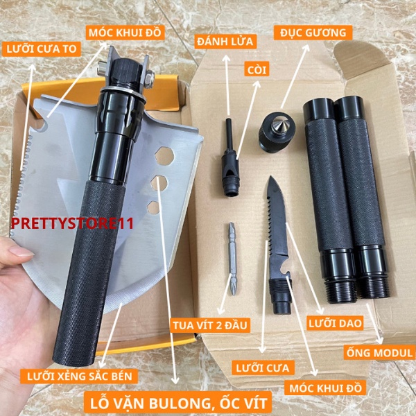 Xẻng quân dụng đa năng 13 chi tiết dài 76CM đi phượt dã ngoại hợp kim Mangan cao cấp chống mài mòn gấp gọn